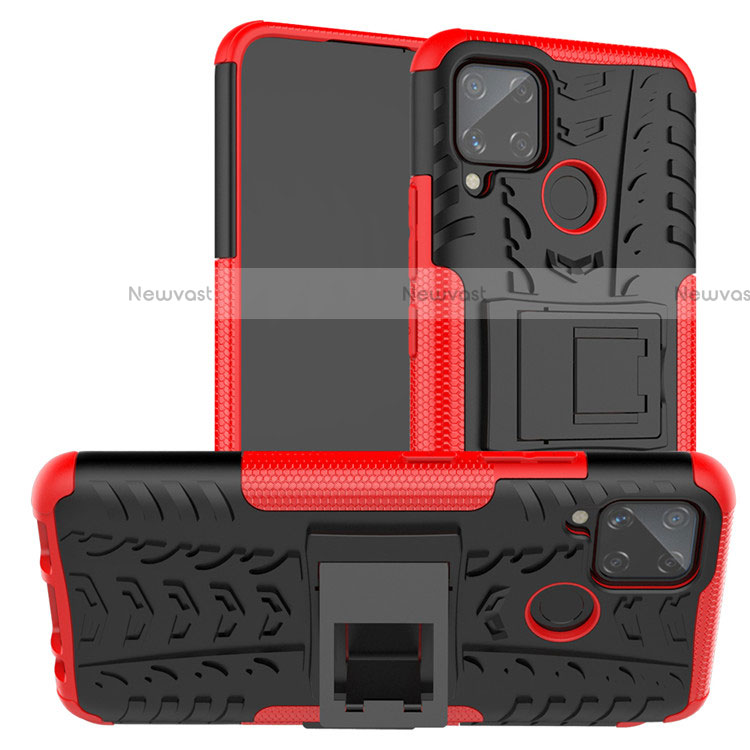 Silicone Matte Finish and Plastic Back Cover Case with Stand for Realme C15 Red