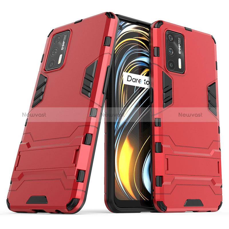 Silicone Matte Finish and Plastic Back Cover Case with Stand for Realme GT 5G Red