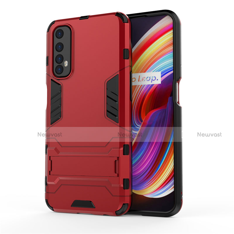 Silicone Matte Finish and Plastic Back Cover Case with Stand for Realme Narzo 30 4G Red