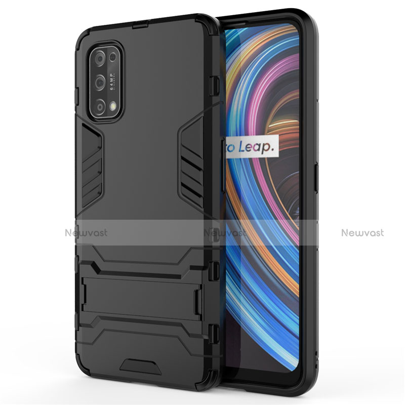 Silicone Matte Finish and Plastic Back Cover Case with Stand for Realme Q2 Pro 5G Black