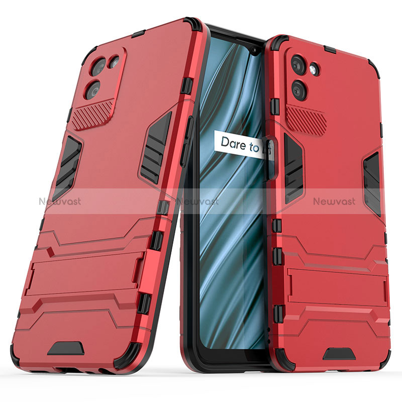 Silicone Matte Finish and Plastic Back Cover Case with Stand for Realme V11 5G Red