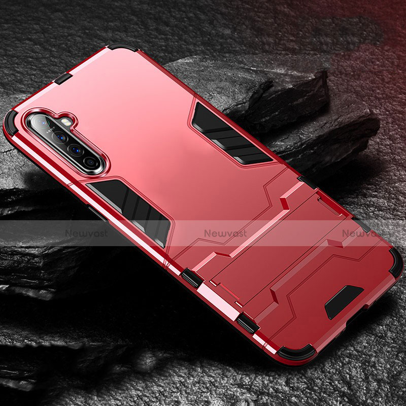 Silicone Matte Finish and Plastic Back Cover Case with Stand for Realme XT Red