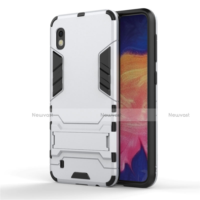 Silicone Matte Finish and Plastic Back Cover Case with Stand for Samsung Galaxy A10 Silver