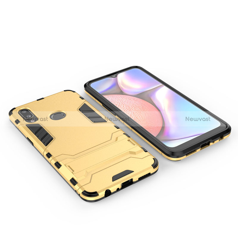 Silicone Matte Finish and Plastic Back Cover Case with Stand for Samsung Galaxy A10s Gold