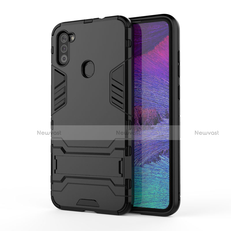 Silicone Matte Finish and Plastic Back Cover Case with Stand for Samsung Galaxy A11 Black