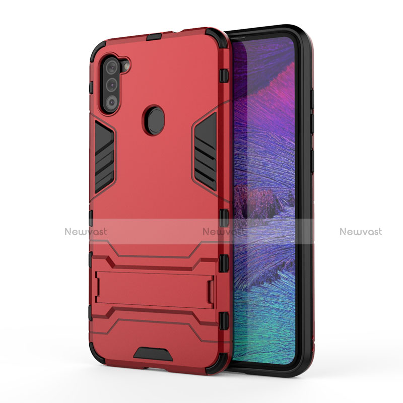 Silicone Matte Finish and Plastic Back Cover Case with Stand for Samsung Galaxy A11 Red