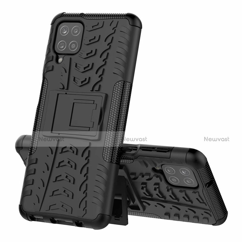 Silicone Matte Finish and Plastic Back Cover Case with Stand for Samsung Galaxy A12 Black