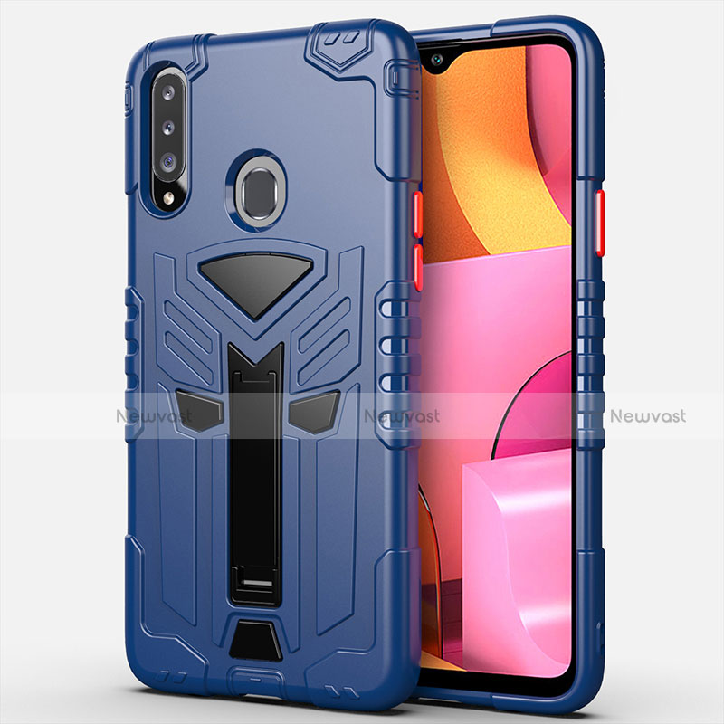 Silicone Matte Finish and Plastic Back Cover Case with Stand for Samsung Galaxy A20s Blue