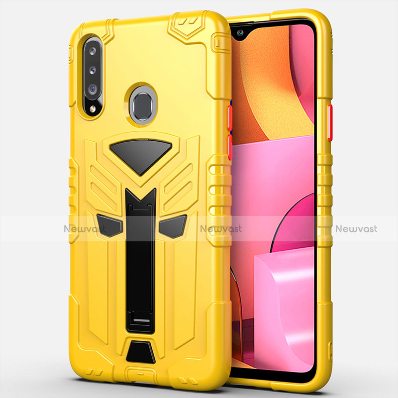 Silicone Matte Finish and Plastic Back Cover Case with Stand for Samsung Galaxy A20s Yellow