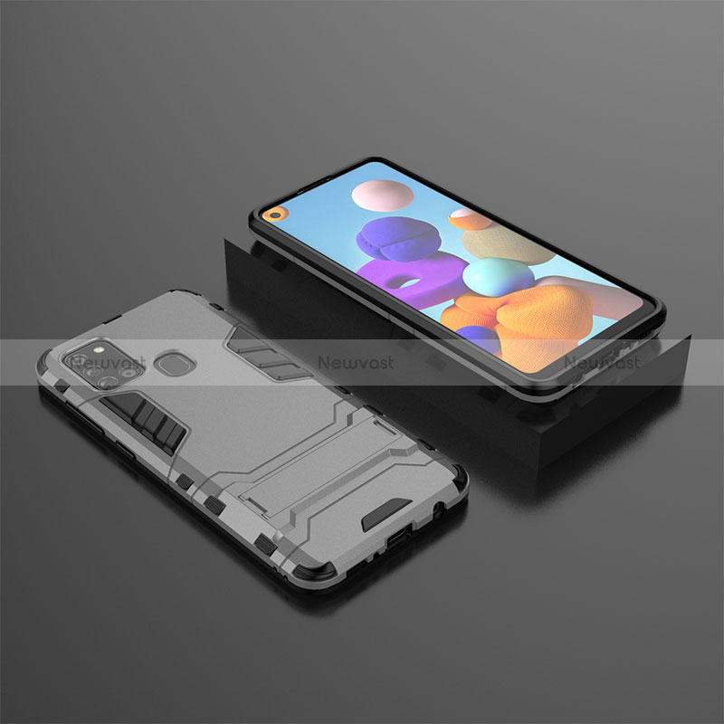 Silicone Matte Finish and Plastic Back Cover Case with Stand for Samsung Galaxy A21s Gray