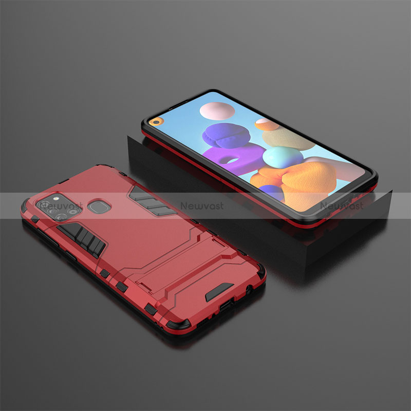 Silicone Matte Finish and Plastic Back Cover Case with Stand for Samsung Galaxy A21s Red