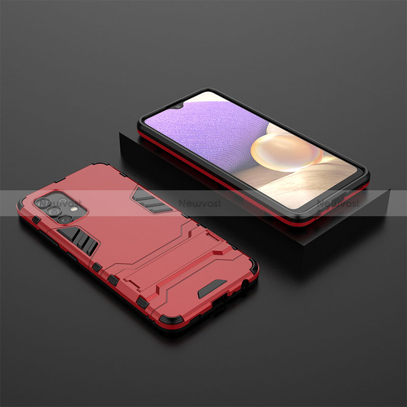 Silicone Matte Finish and Plastic Back Cover Case with Stand for Samsung Galaxy A32 4G Red