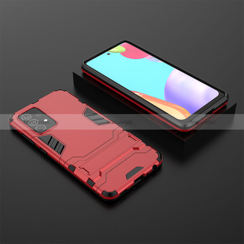 Silicone Matte Finish and Plastic Back Cover Case with Stand for Samsung Galaxy A52 4G Red