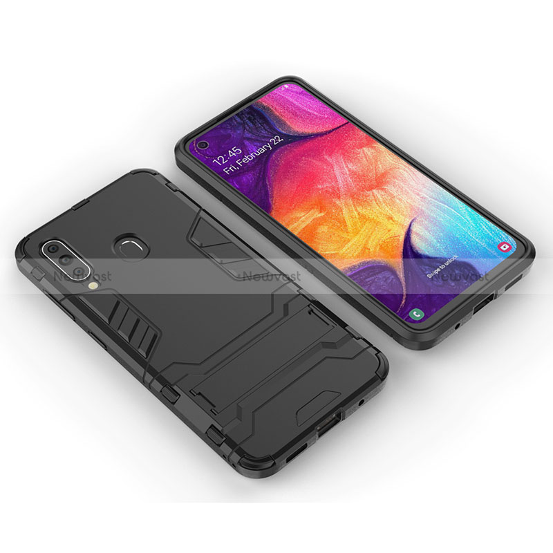 Silicone Matte Finish and Plastic Back Cover Case with Stand for Samsung Galaxy A60 Black