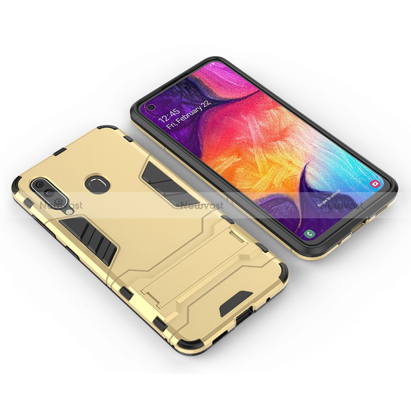 Silicone Matte Finish and Plastic Back Cover Case with Stand for Samsung Galaxy A60 Gold