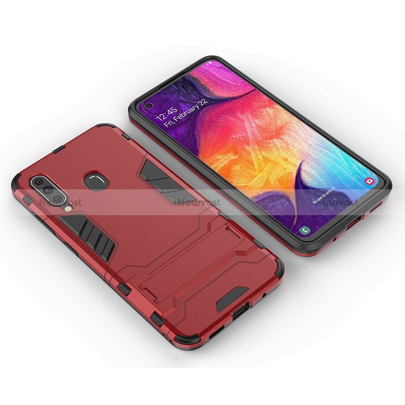 Silicone Matte Finish and Plastic Back Cover Case with Stand for Samsung Galaxy A60 Red