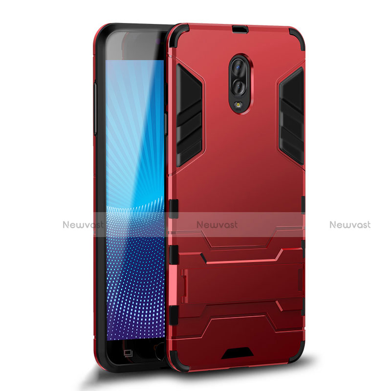 Silicone Matte Finish and Plastic Back Cover Case with Stand for Samsung Galaxy C8 C710F Red