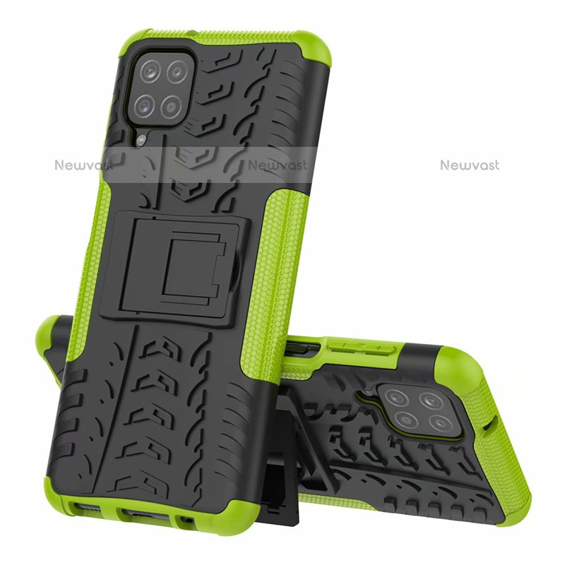 Silicone Matte Finish and Plastic Back Cover Case with Stand for Samsung Galaxy F12 Green