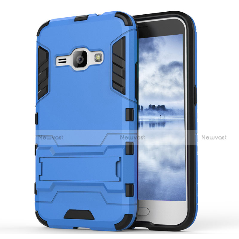 Silicone Matte Finish and Plastic Back Cover Case with Stand for Samsung Galaxy J1 (2016) J120F Blue