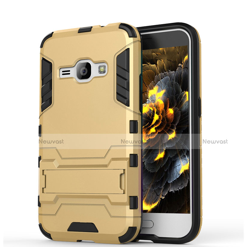 Silicone Matte Finish and Plastic Back Cover Case with Stand for Samsung Galaxy J1 (2016) J120F Gold