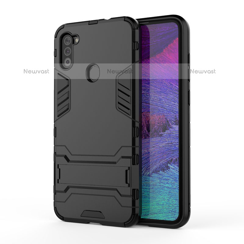 Silicone Matte Finish and Plastic Back Cover Case with Stand for Samsung Galaxy M11 Black