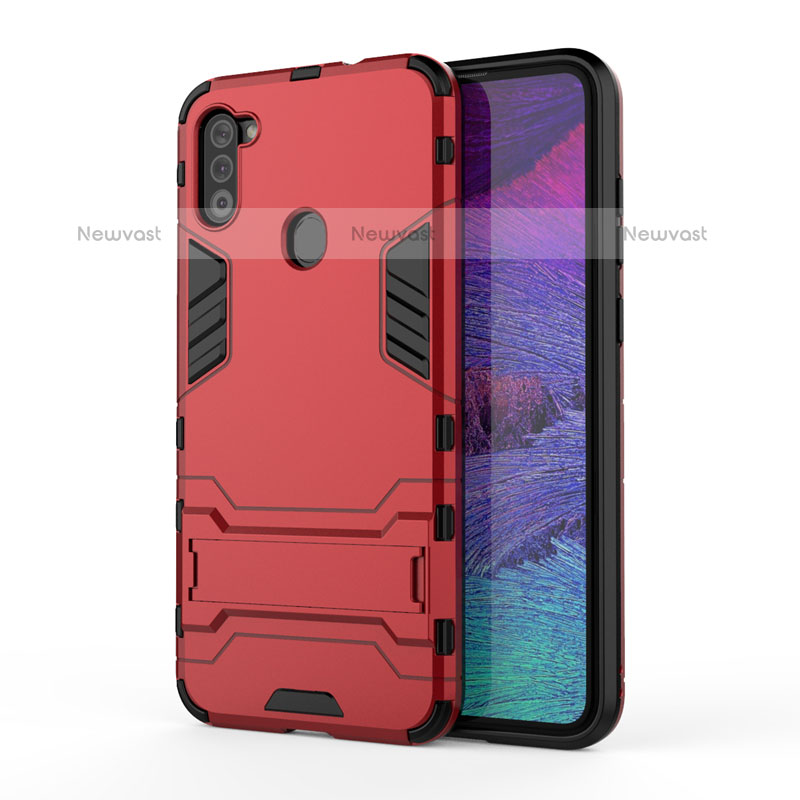 Silicone Matte Finish and Plastic Back Cover Case with Stand for Samsung Galaxy M11 Red