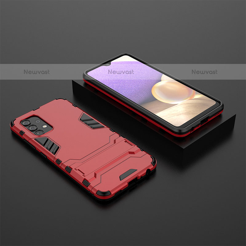 Silicone Matte Finish and Plastic Back Cover Case with Stand for Samsung Galaxy M32 5G Red