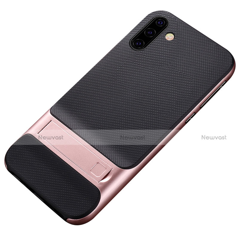 Silicone Matte Finish and Plastic Back Cover Case with Stand for Samsung Galaxy Note 10 Rose Gold