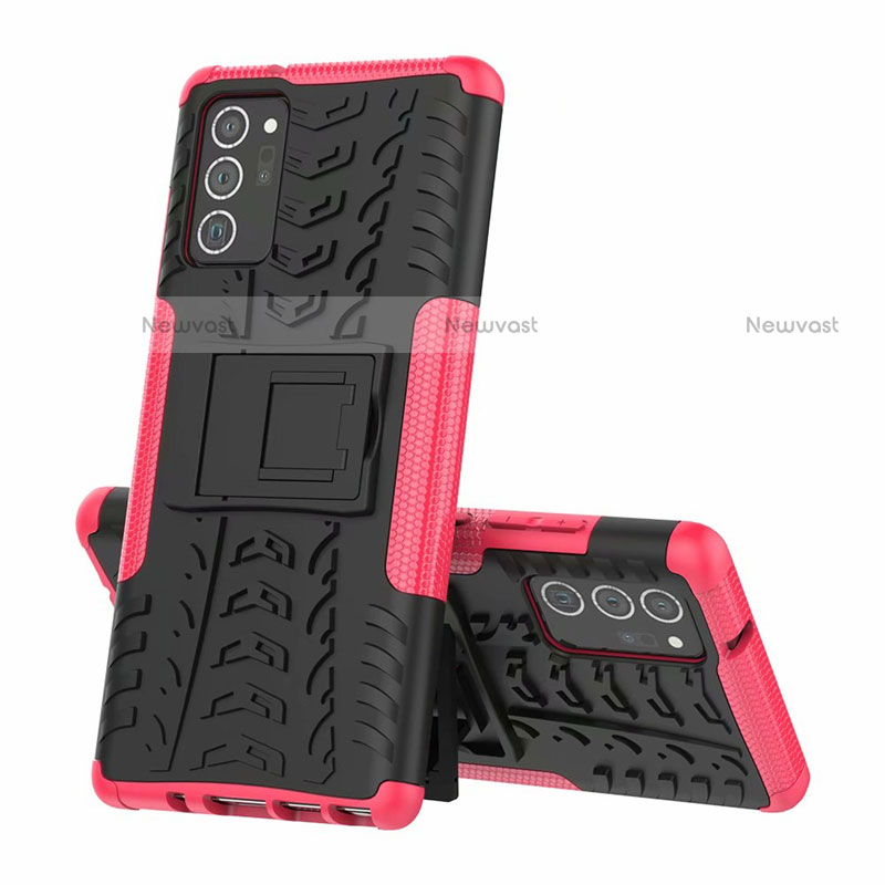 Silicone Matte Finish and Plastic Back Cover Case with Stand for Samsung Galaxy Note 20 5G Hot Pink