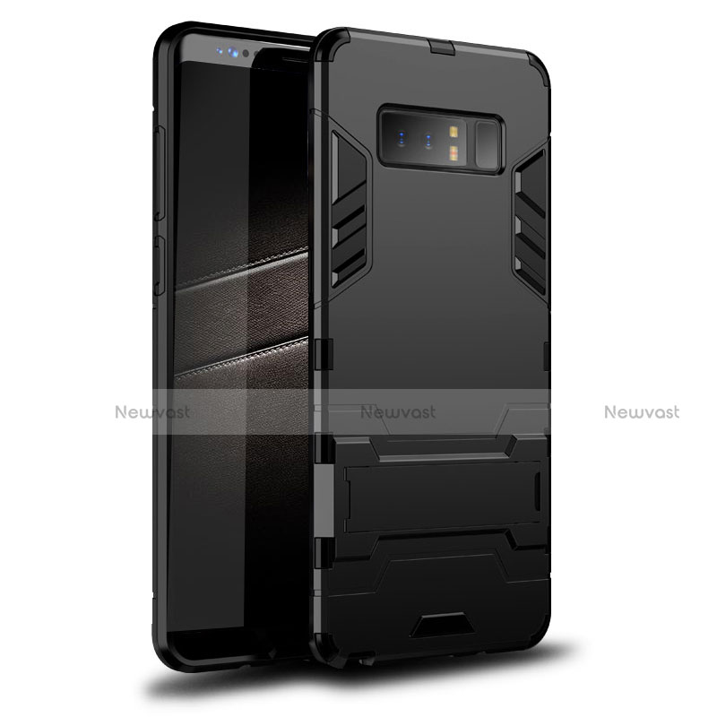 Silicone Matte Finish and Plastic Back Cover Case with Stand for Samsung Galaxy Note 8 Black