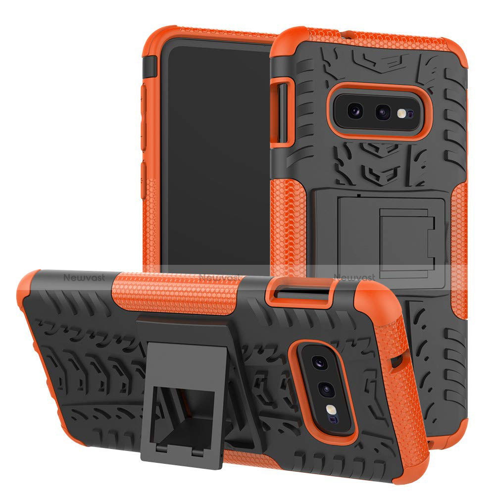 Silicone Matte Finish and Plastic Back Cover Case with Stand for Samsung Galaxy S10e Orange