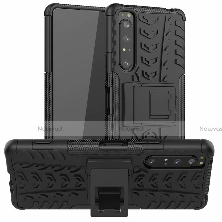 Silicone Matte Finish and Plastic Back Cover Case with Stand for Sony Xperia 1 II Black