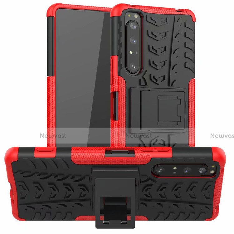 Silicone Matte Finish and Plastic Back Cover Case with Stand for Sony Xperia 1 II Red