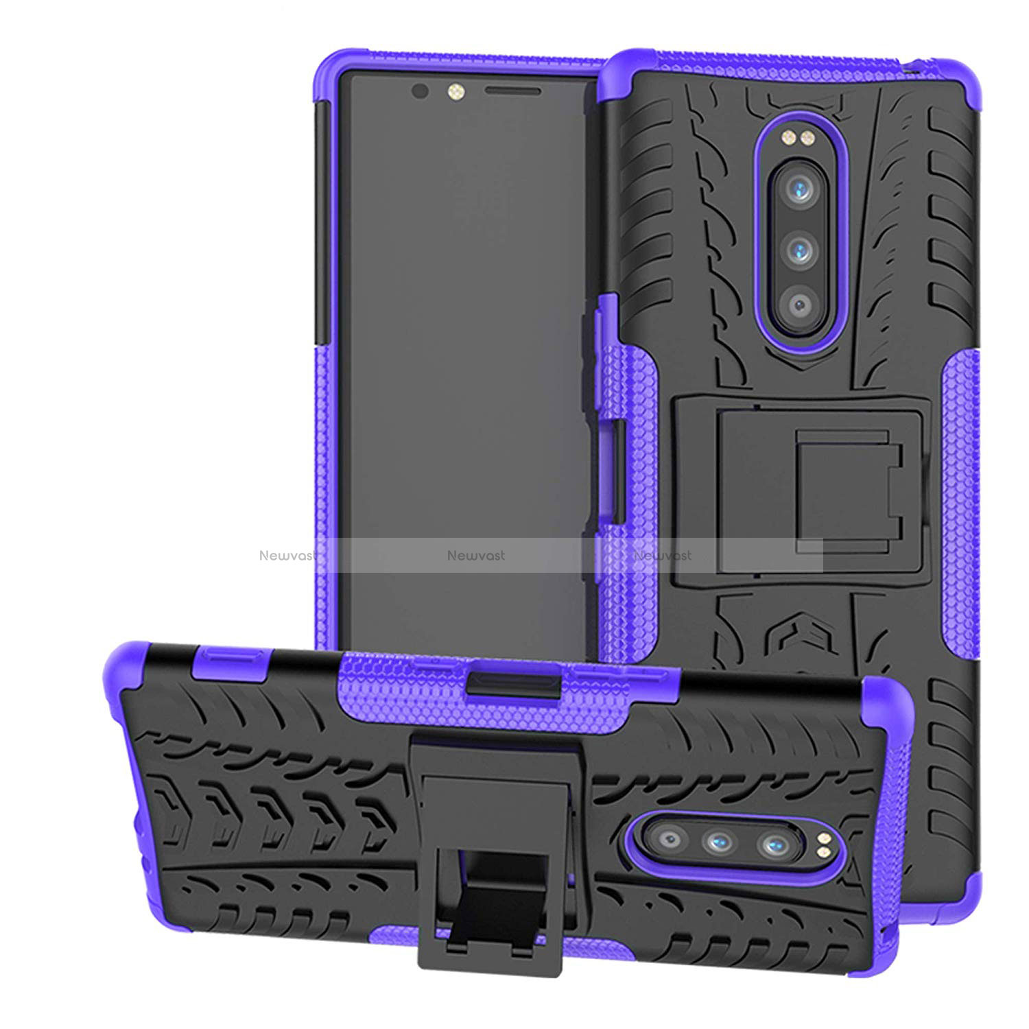 Silicone Matte Finish and Plastic Back Cover Case with Stand for Sony Xperia 1 Purple