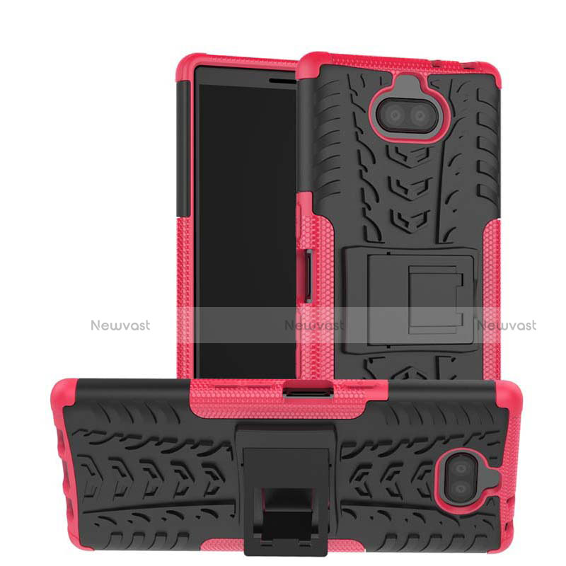 Silicone Matte Finish and Plastic Back Cover Case with Stand for Sony Xperia 10 Hot Pink