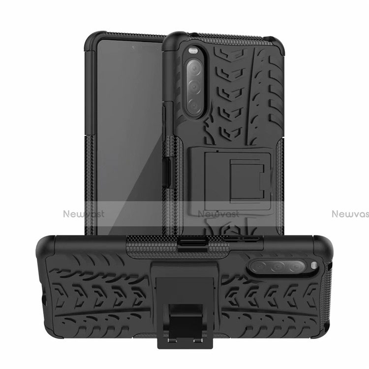 Silicone Matte Finish and Plastic Back Cover Case with Stand for Sony Xperia 10 II Black