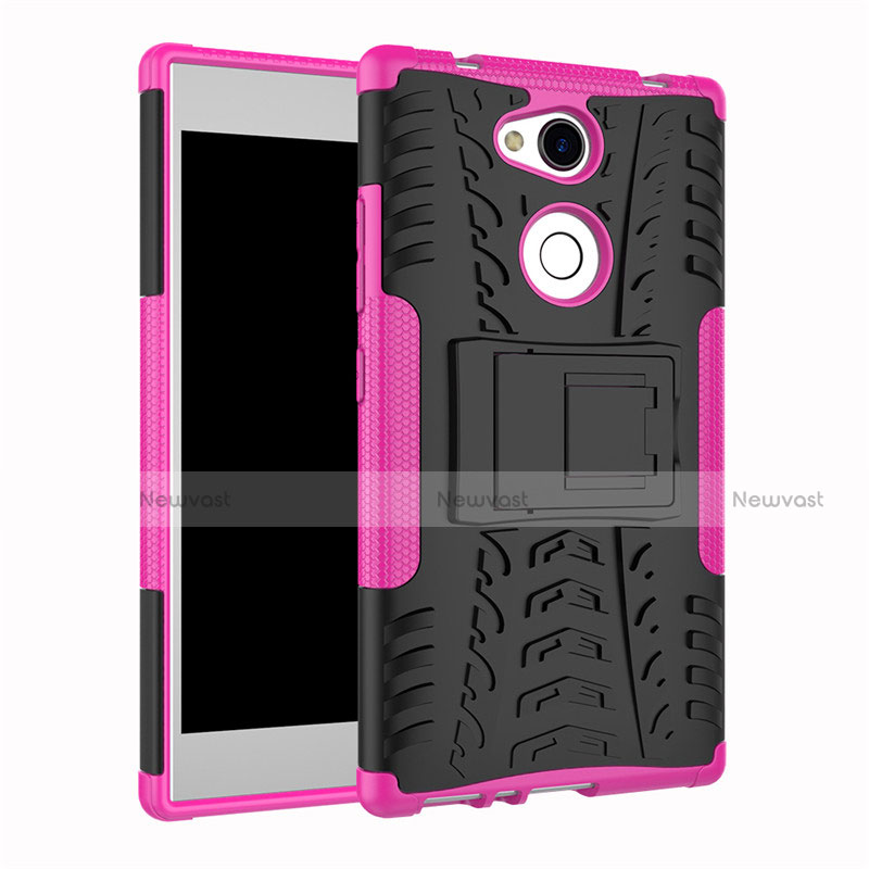 Silicone Matte Finish and Plastic Back Cover Case with Stand for Sony Xperia L2 Hot Pink