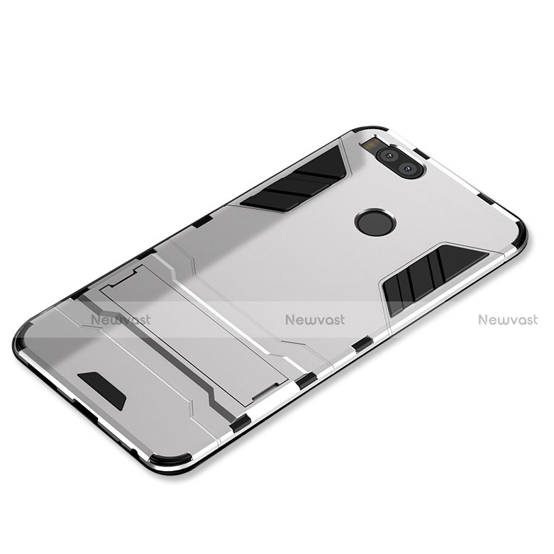 Silicone Matte Finish and Plastic Back Cover Case with Stand for Xiaomi Mi 5X Silver