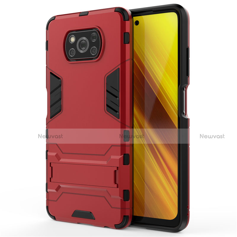 Silicone Matte Finish and Plastic Back Cover Case with Stand for Xiaomi Poco X3 NFC Red