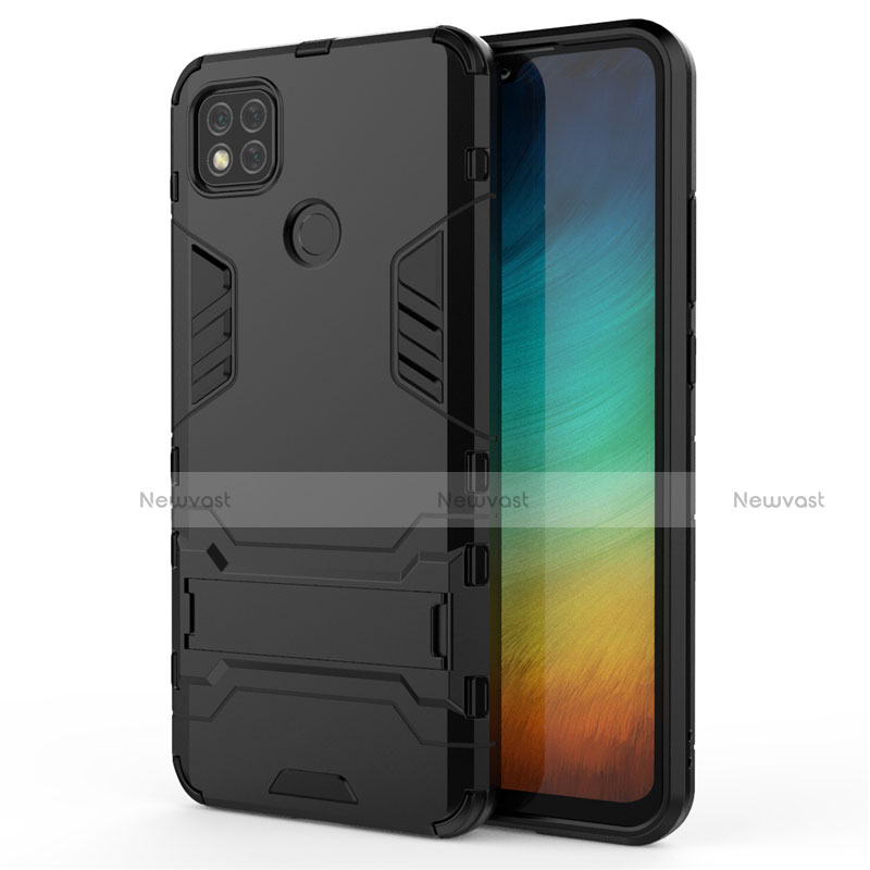 Silicone Matte Finish and Plastic Back Cover Case with Stand for Xiaomi Redmi 9C Black