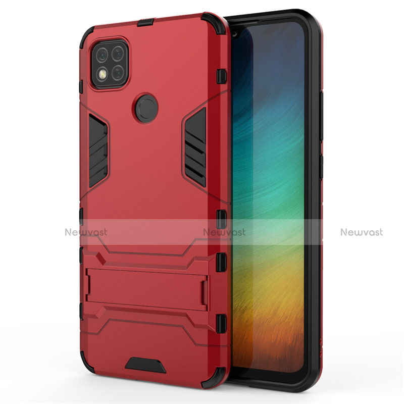 Silicone Matte Finish and Plastic Back Cover Case with Stand for Xiaomi Redmi 9C Red