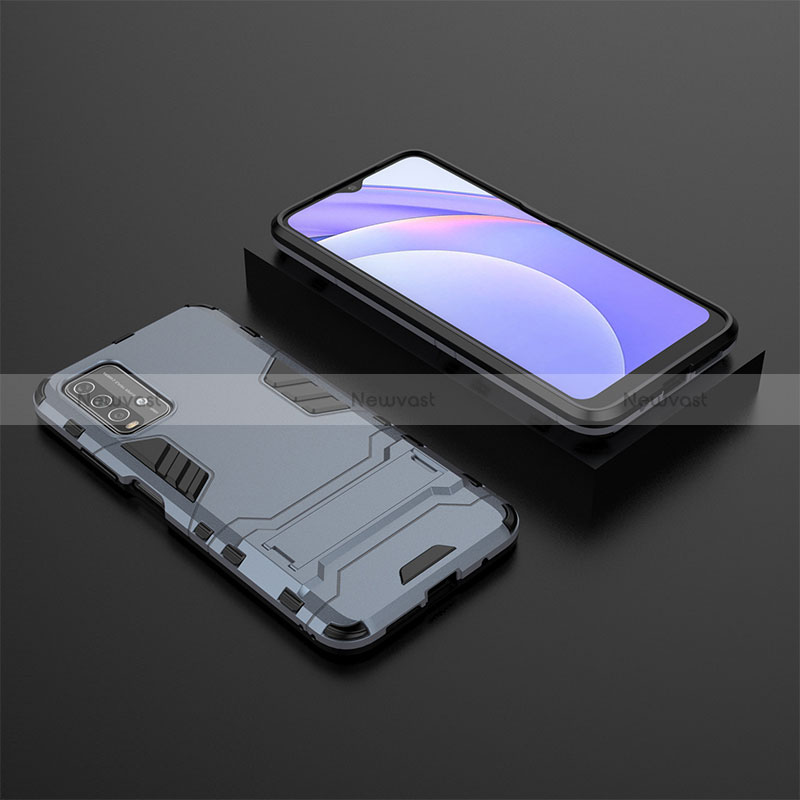Silicone Matte Finish and Plastic Back Cover Case with Stand for Xiaomi Redmi 9T 4G Blue