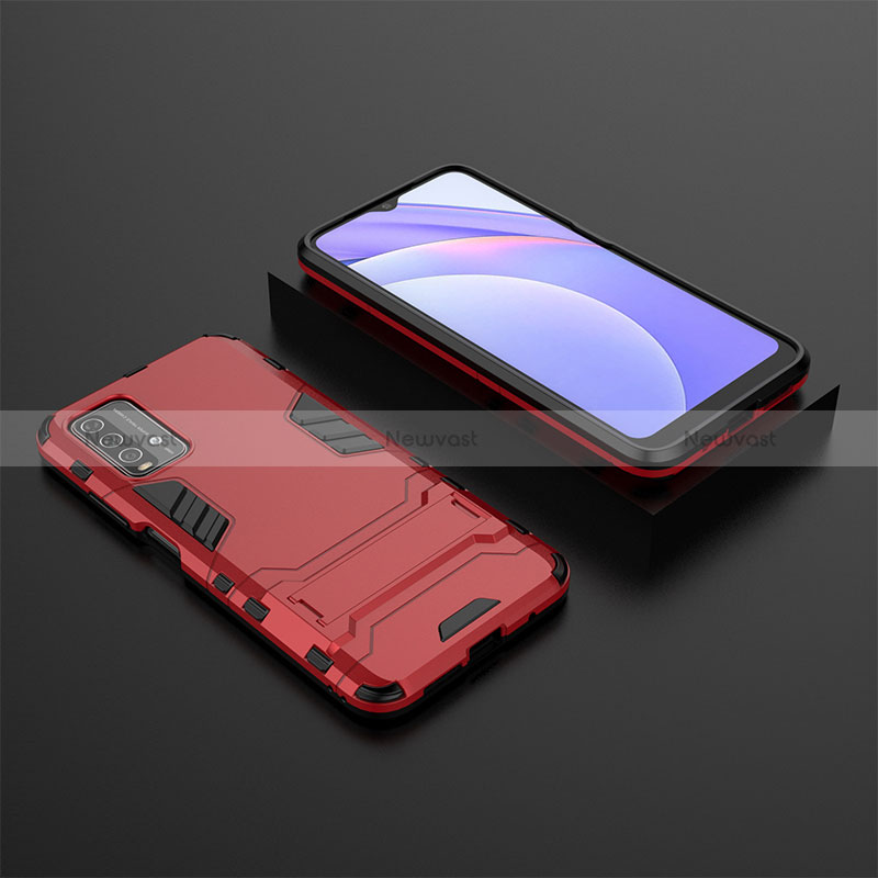 Silicone Matte Finish and Plastic Back Cover Case with Stand for Xiaomi Redmi 9T 4G Red