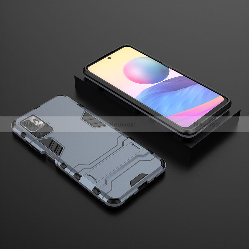 Silicone Matte Finish and Plastic Back Cover Case with Stand for Xiaomi Redmi Note 10T 5G Blue
