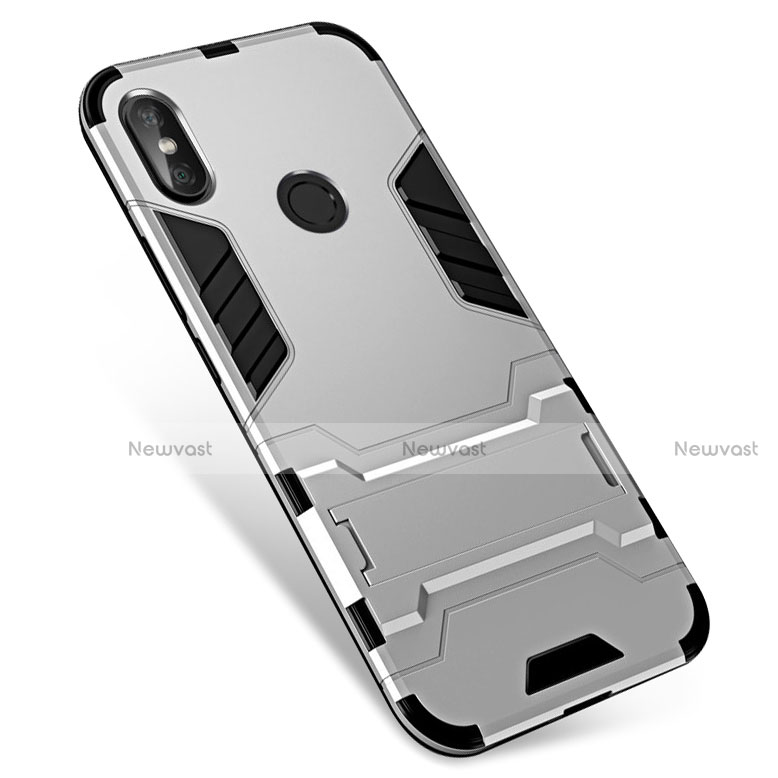 Silicone Matte Finish and Plastic Back Cover Case with Stand for Xiaomi Redmi Note 5 Pro Silver