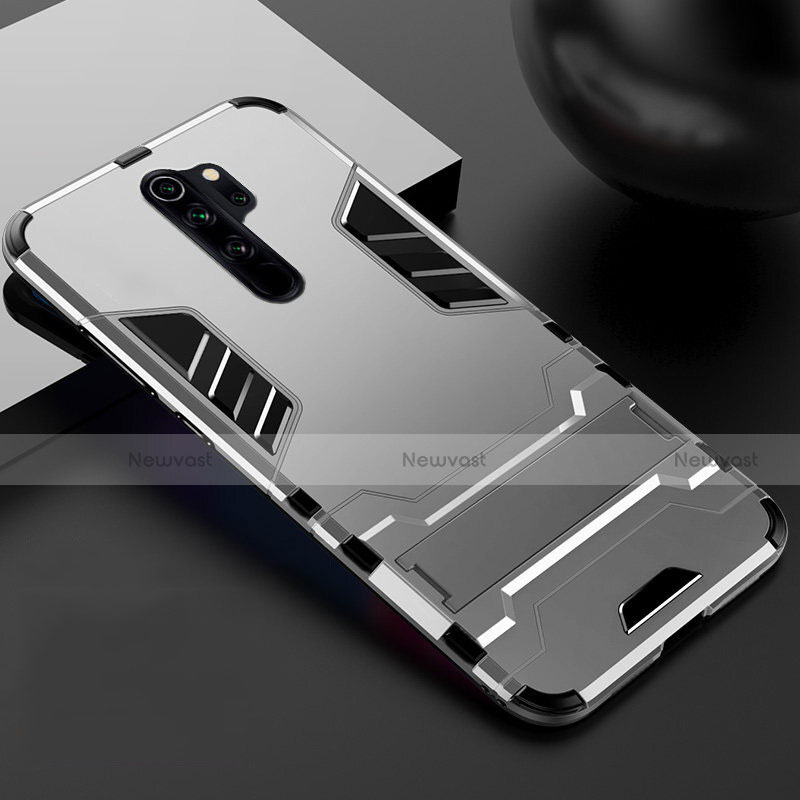 Silicone Matte Finish and Plastic Back Cover Case with Stand for Xiaomi Redmi Note 8 Pro Silver