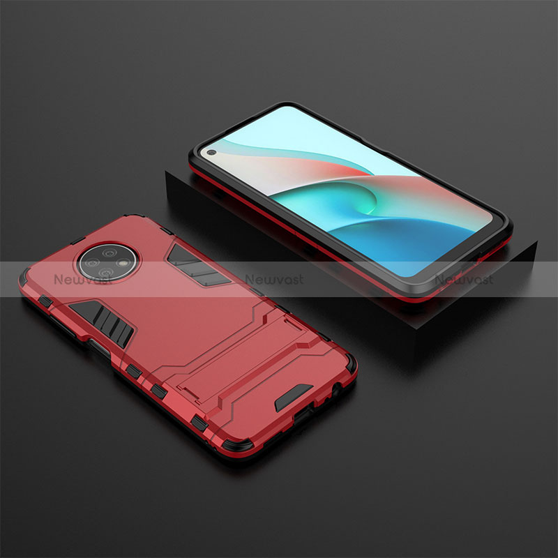 Silicone Matte Finish and Plastic Back Cover Case with Stand for Xiaomi Redmi Note 9T 5G Red