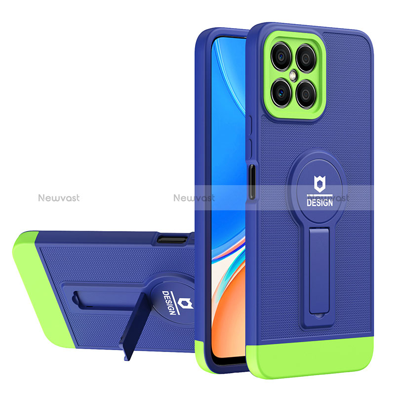 Silicone Matte Finish and Plastic Back Cover Case with Stand H01P for Huawei Honor X8 4G Blue