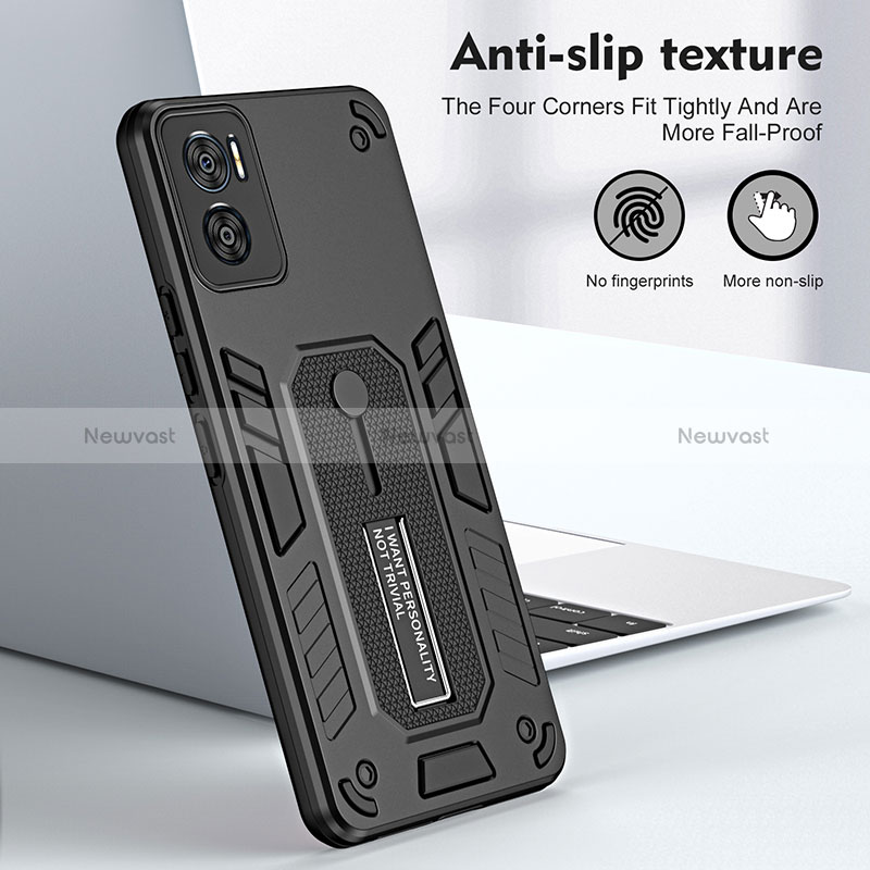 Silicone Matte Finish and Plastic Back Cover Case with Stand H01P for Motorola Moto E22