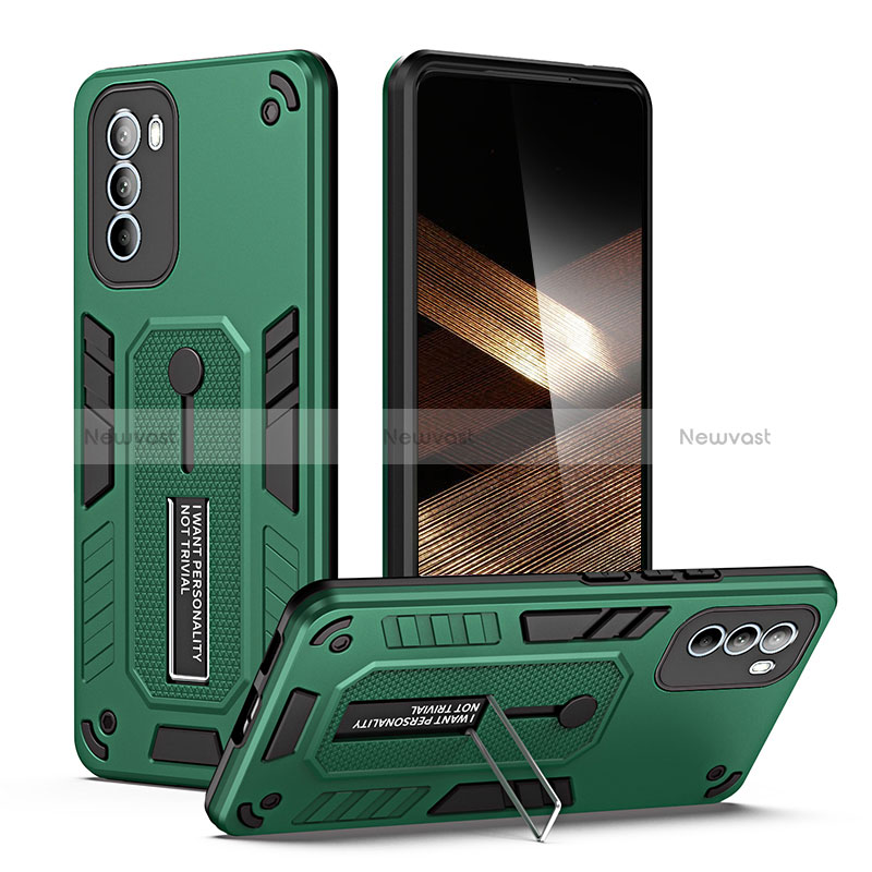 Silicone Matte Finish and Plastic Back Cover Case with Stand H01P for Motorola Moto G31 Green